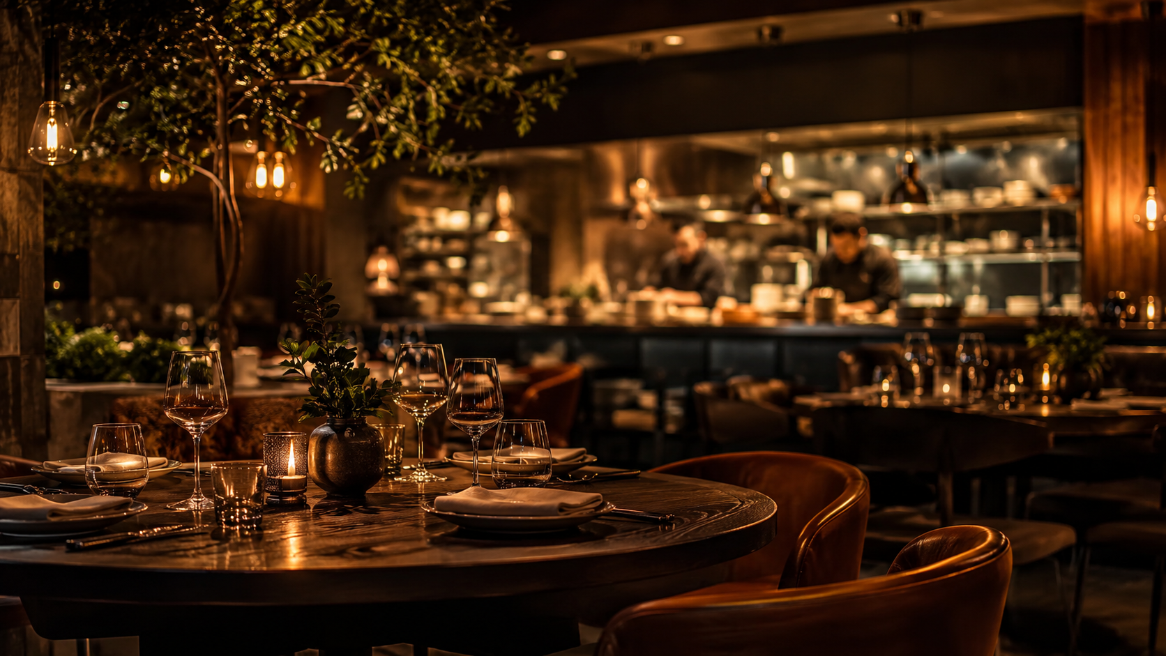 Candlelit dining room and open-fire kitchen