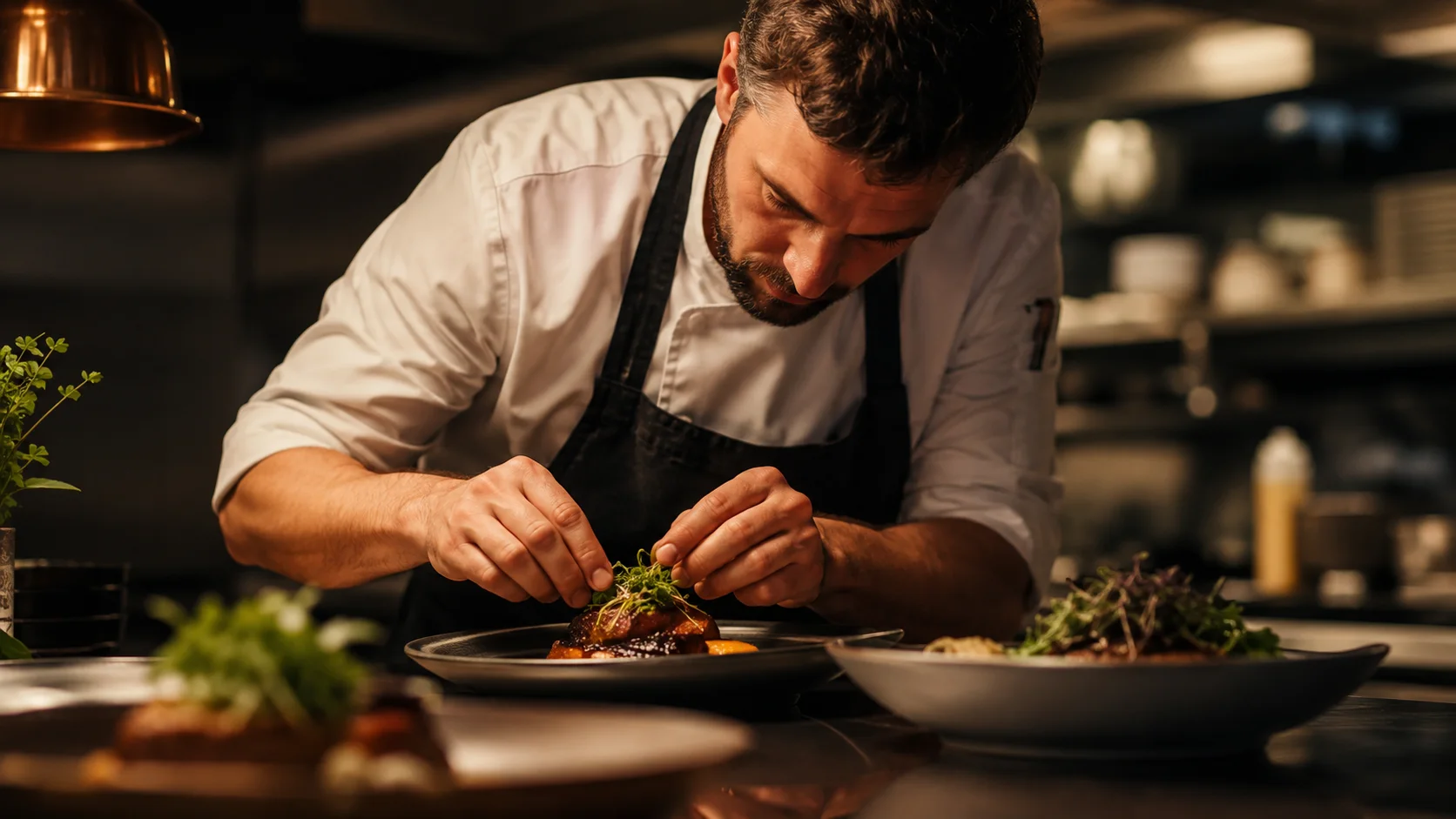 Representative chef finishing a seasonal plate beside live fire