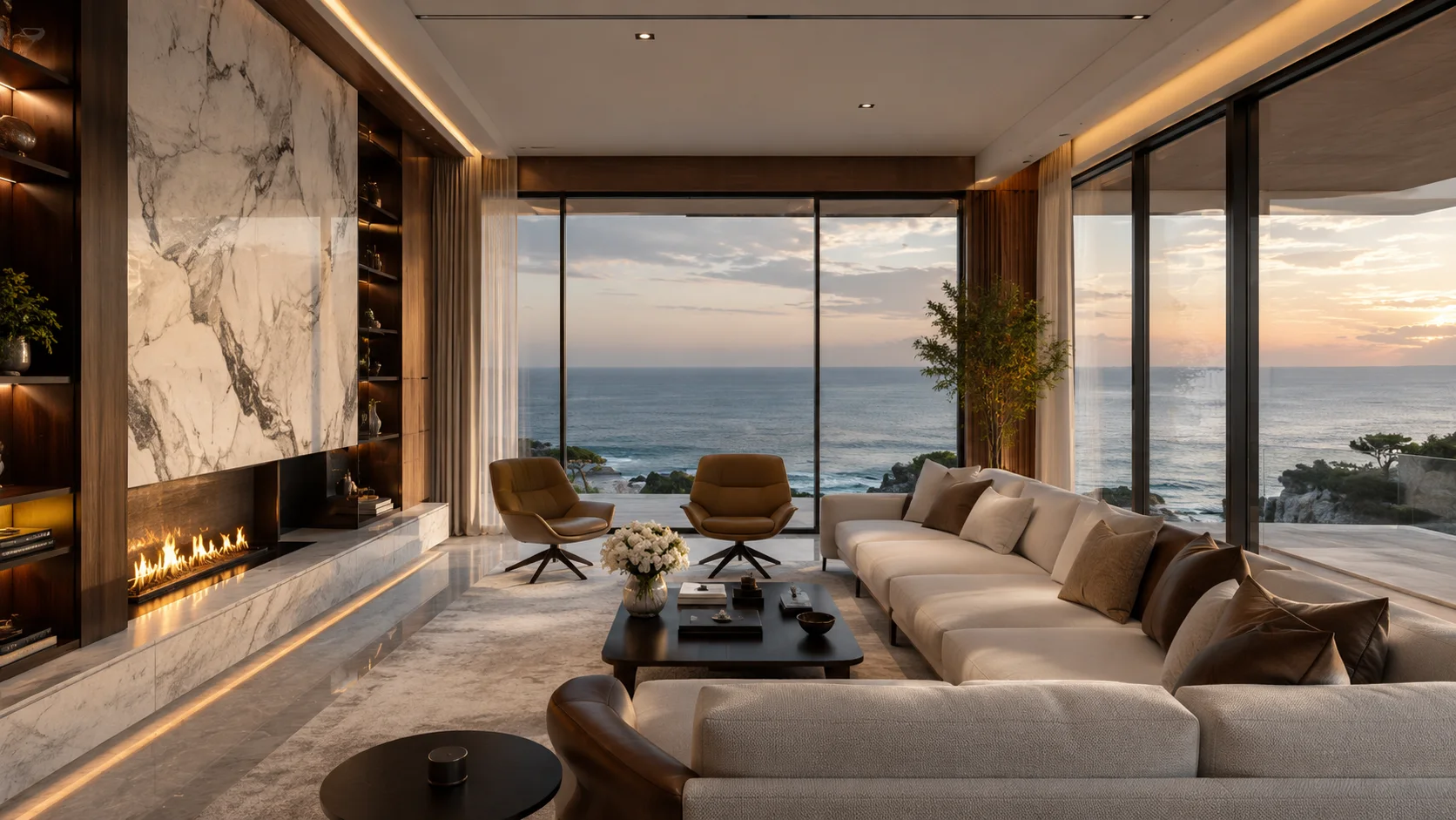 Representative stone and timber living room framing the ocean